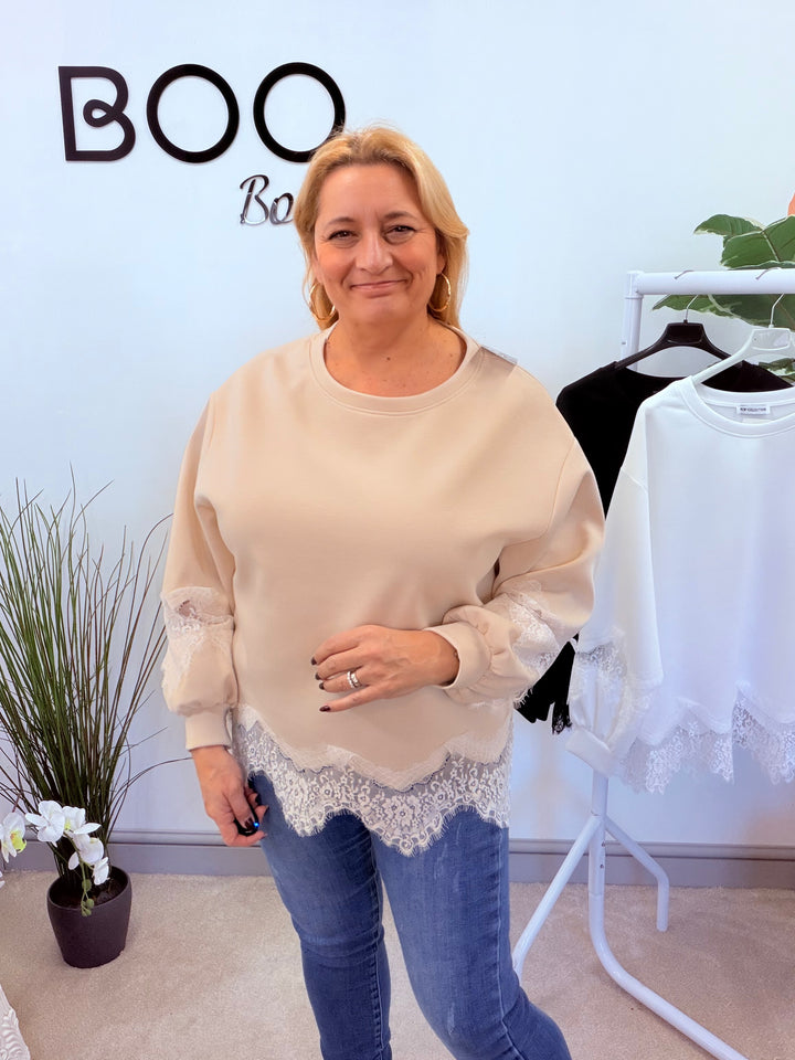 LADIES FASHION LACE EDGE TOP - BLACK, WHITE & BEIGE