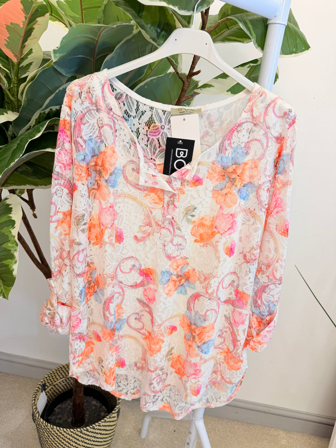 Ladies Lace Grandad Top - Khaki, Pink, Beige & White