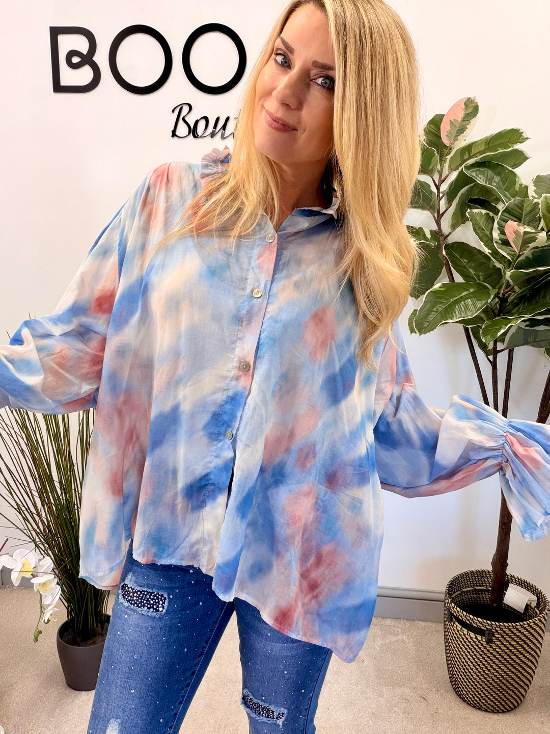 LADIES TIE DYE LOOSE FIT BLOUSE - PINK, NAVY, PALE BLUE