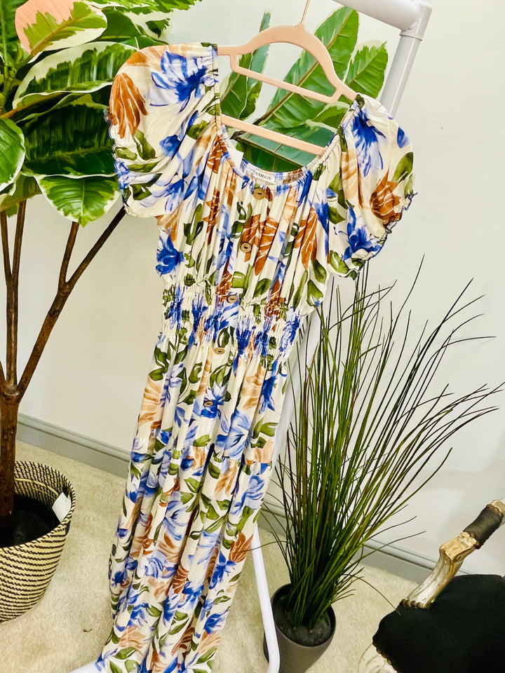 LADIES FLATTERING FLORAL PRINT SUMMER MAXI DRESS - PINK, CREAM & BLUE