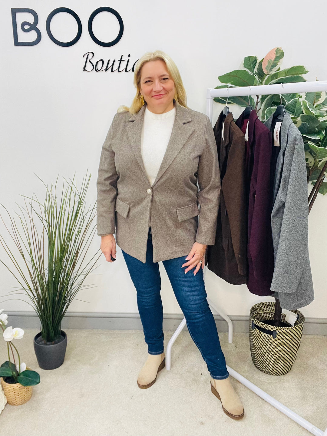 LADIES HERRINGBONE FASHION BLAZER - PLUM, GREY, BEIGE & BROWN