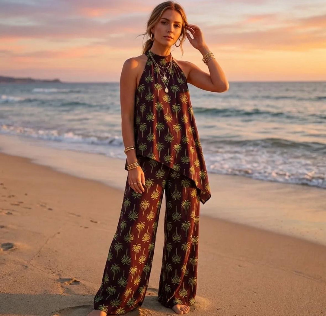 Ladies Palm Tree Print Fashion Trouser Co Ord Set - Navy, White, Pink, Brown & Orange