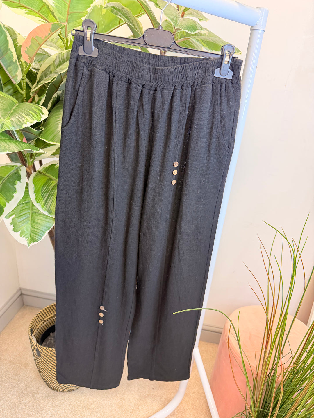 Ladies Tapered Leg Teabag Linen Ankle Grazer Trousers - Lemon, Black, Blue, Green, Beige, Turquoise & White