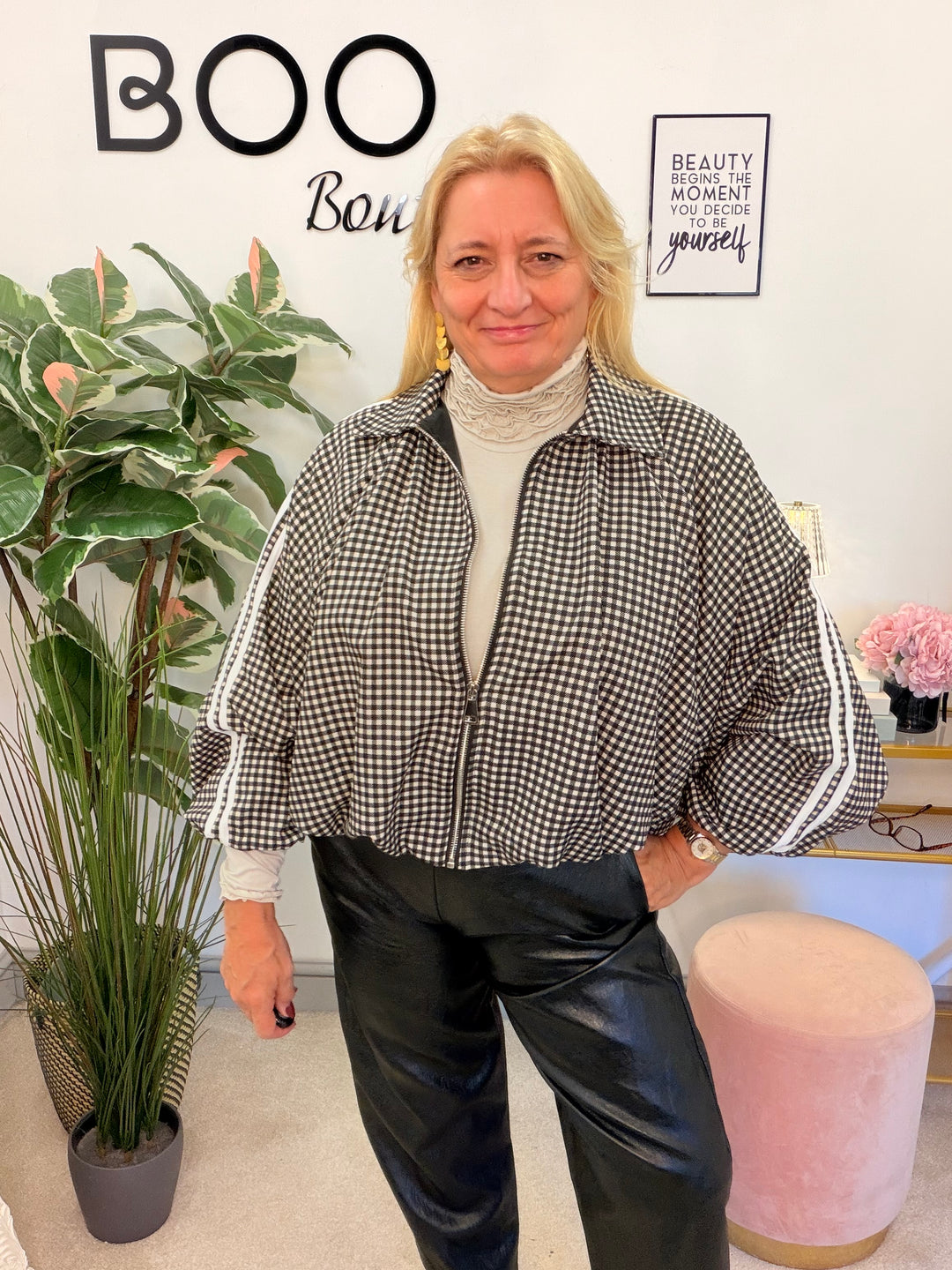 Women’s check sports luxe bomber jacket - red and black 