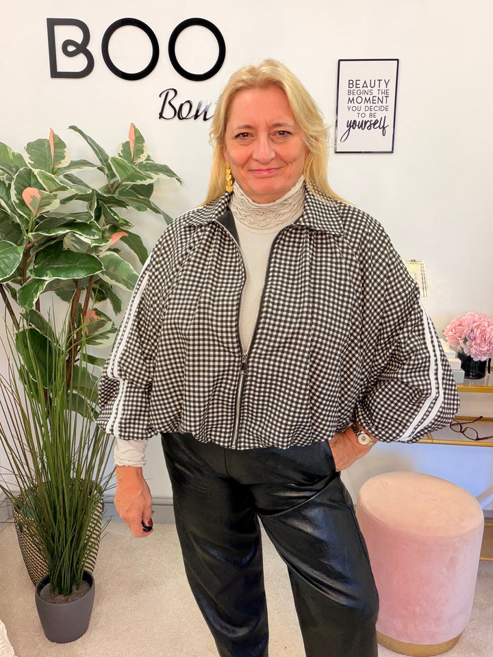 Women’s check sports luxe bomber jacket - red and black 