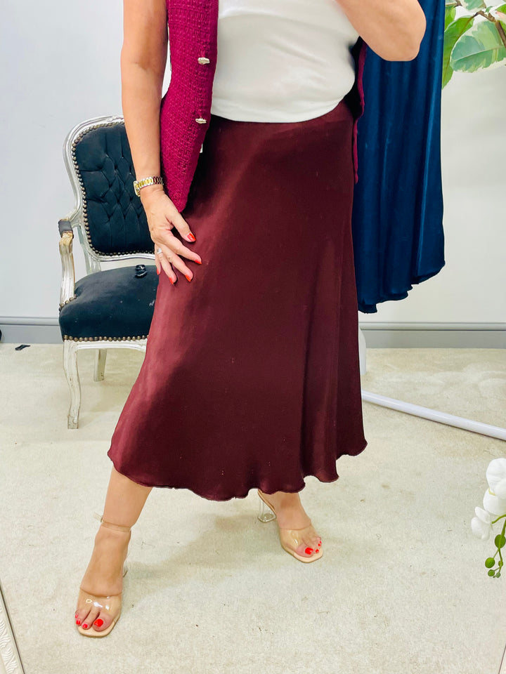 LADIES SATIN MAXI SKIRT - WINE, BLACK, BROWN, RUST, KHAKI, GOLD, NAVY