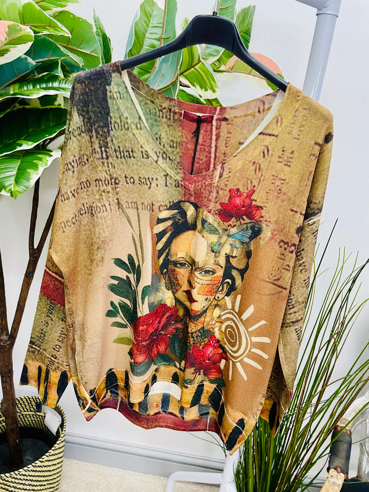 LADIES FRIEDA PRINT GOLD LUREX LONG SLEEVE TOP