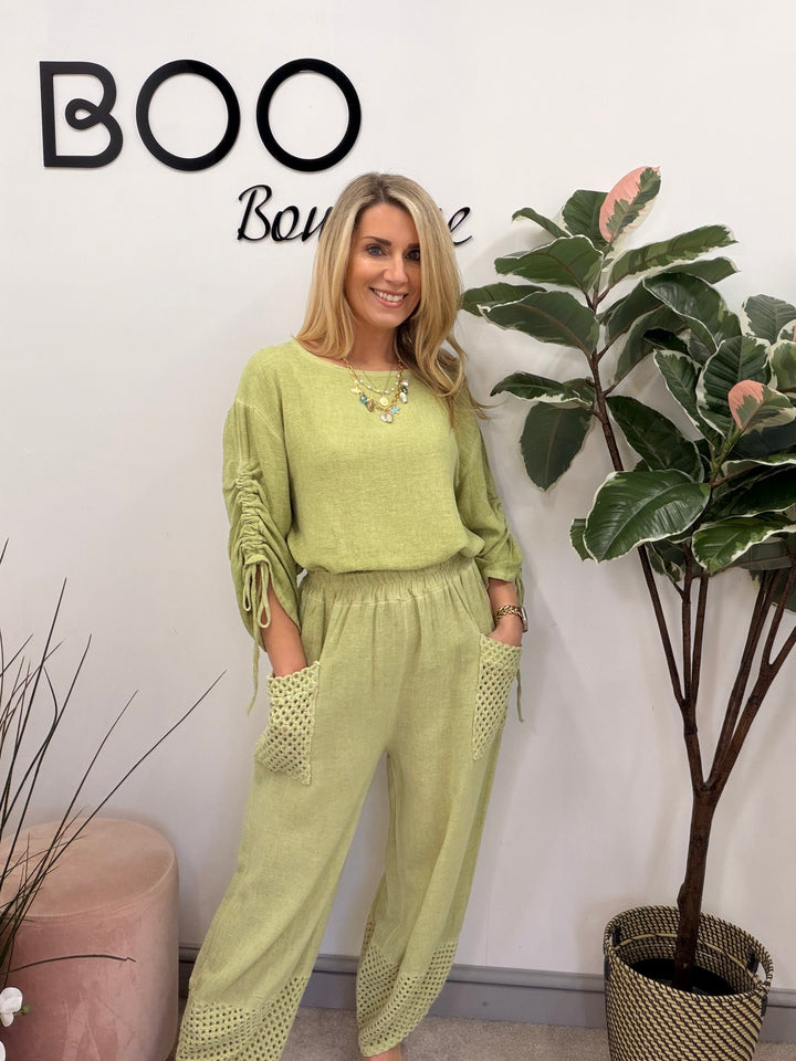 Ladies Fashion Ruche Sleeve Teabag Linen Top pistachio lime green