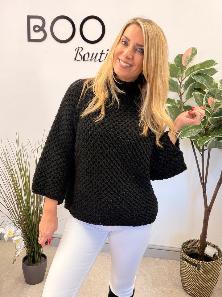 LADIES CHUNKY WAFFLE KNIT JUMPER - LEMON, BEIGE, BLACK, MOCHA & GREY