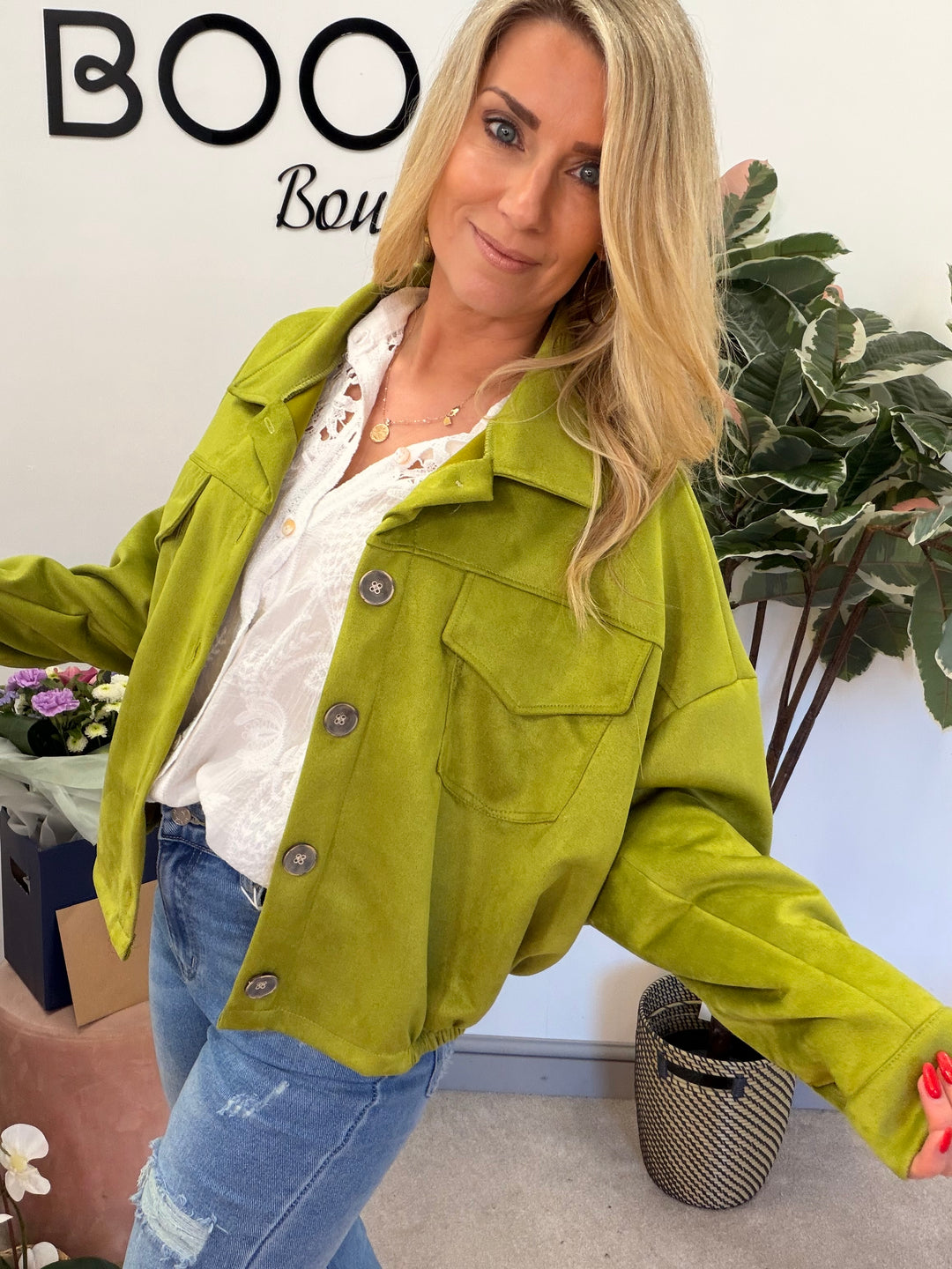 Ladies Fashion Faux Suede Bomber Jacket - camel, brown & lime