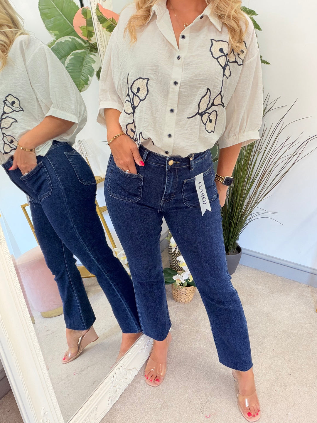 Ladies Dark Indigo Blue Cropped Leg Raw Edge Jeans