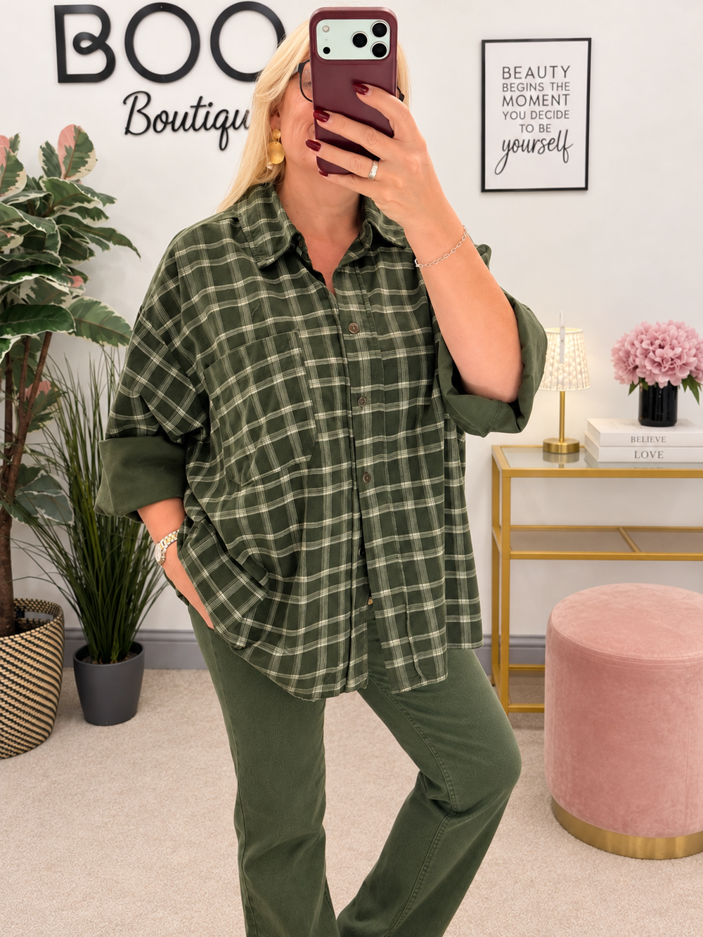 Womens cord check oversize shirt - Wine, Navy, Brown, Khaki