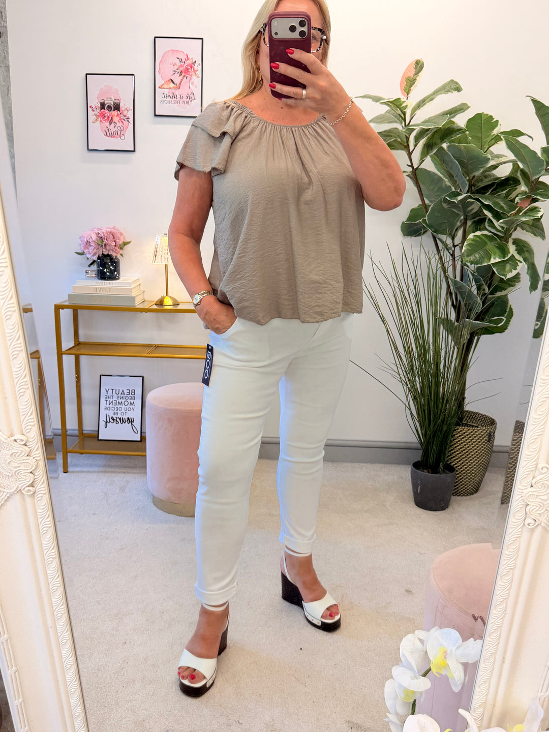 Ladies Short Sleeve Bardot Top - Lime, Black, White, Khaki, Brown, Mocha