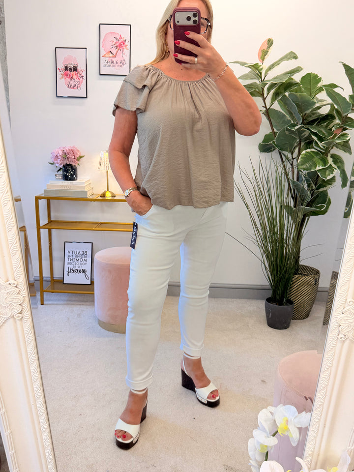 Ladies Short Sleeve Bardot Top - Lime, Black, White, Khaki, Brown, Mocha