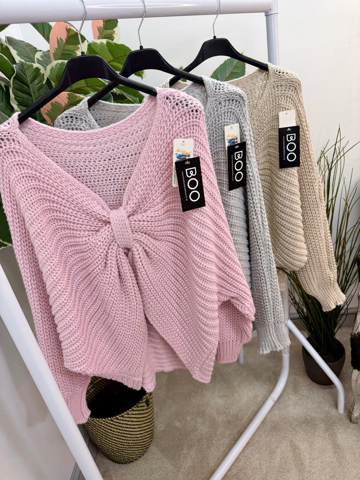 LADIES CHUNKY KNIT TWIST FRONT JUMPER - GREY, BEIGE & PINK