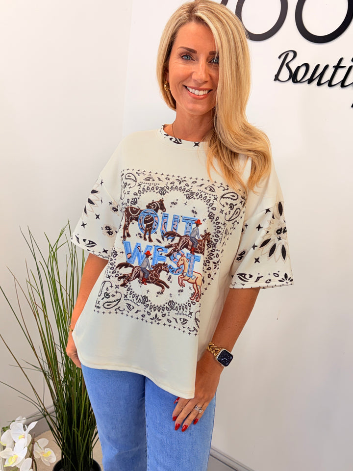 Ladies Fashion Cowboy Short Sleeve Top - Pink, White, Blue