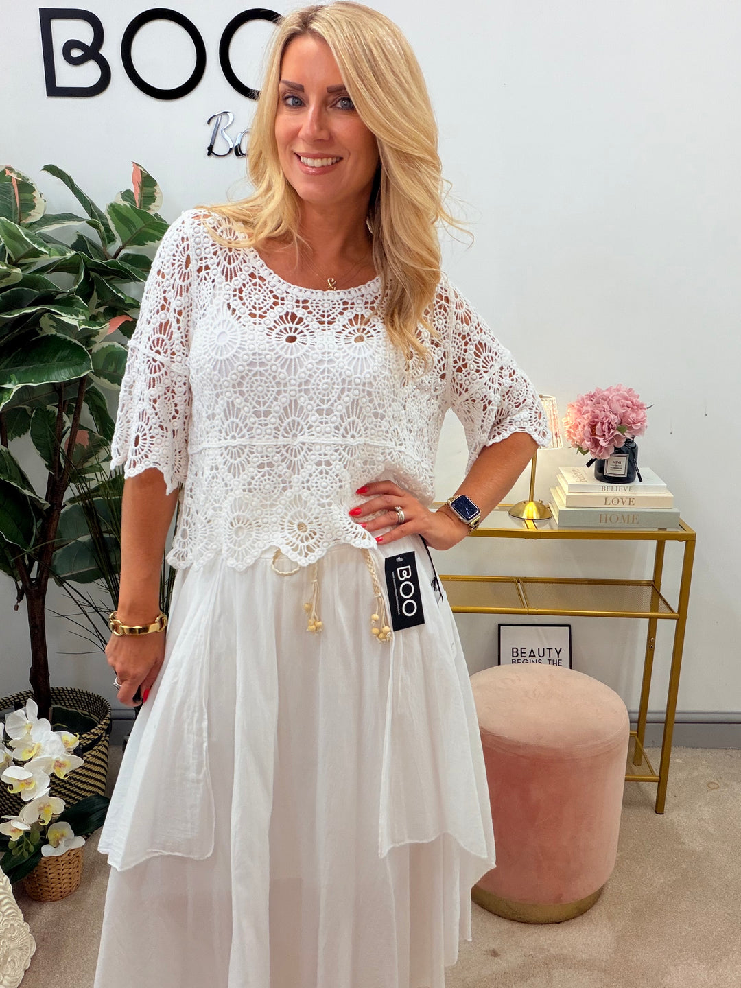 Ladies Fashion Crochet Summer Bolero Top - White & Beige