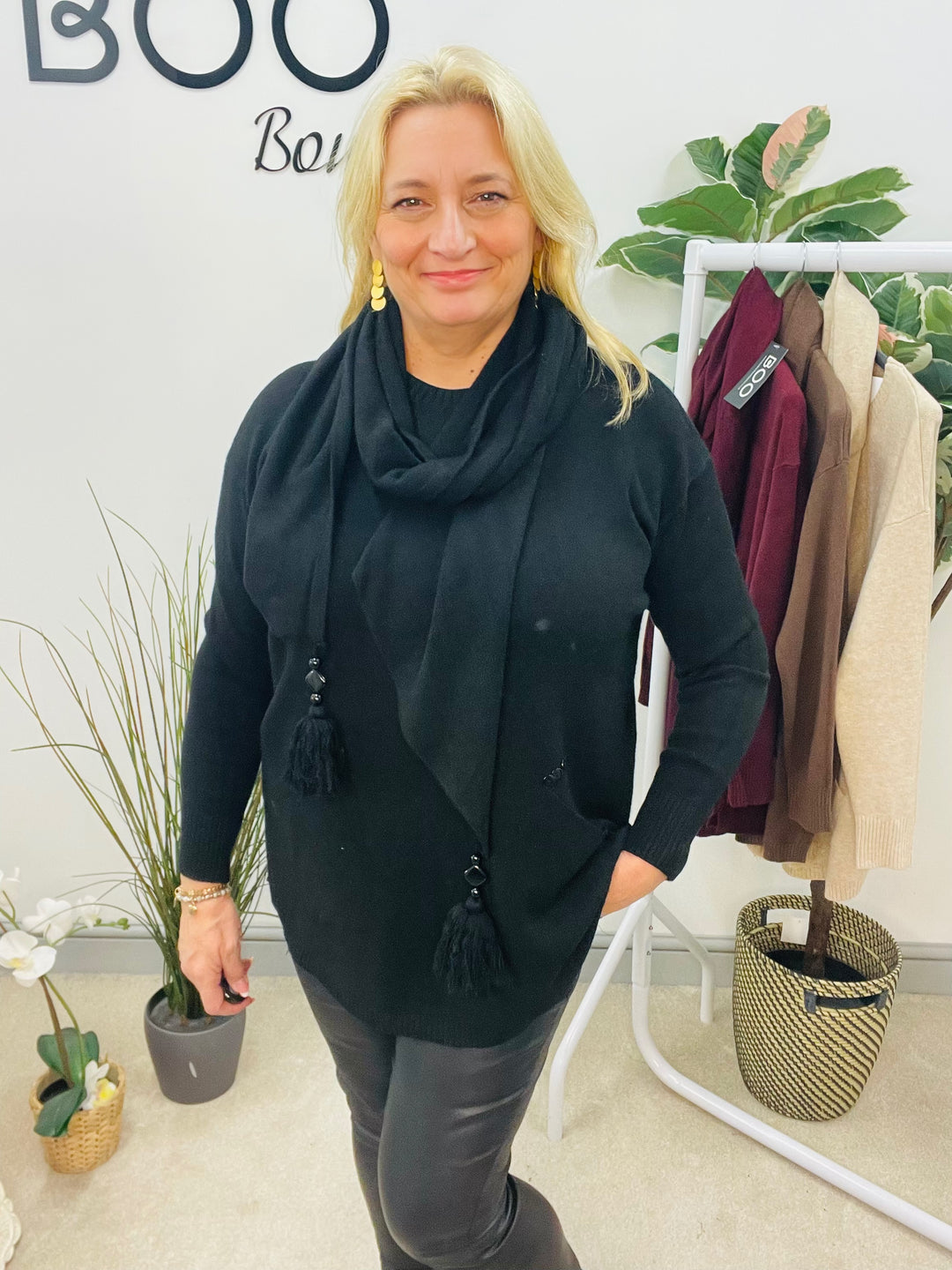 LADIES SOFT KNIT JUMPER & SCARF SET - BURGUNDY, BEIGE, BROWN & BLACK