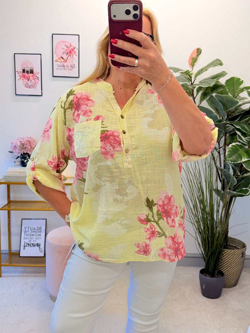 Ladies Light Linen Flower Print Grandad Top Shirt - White, Lemon, Blue & Pink