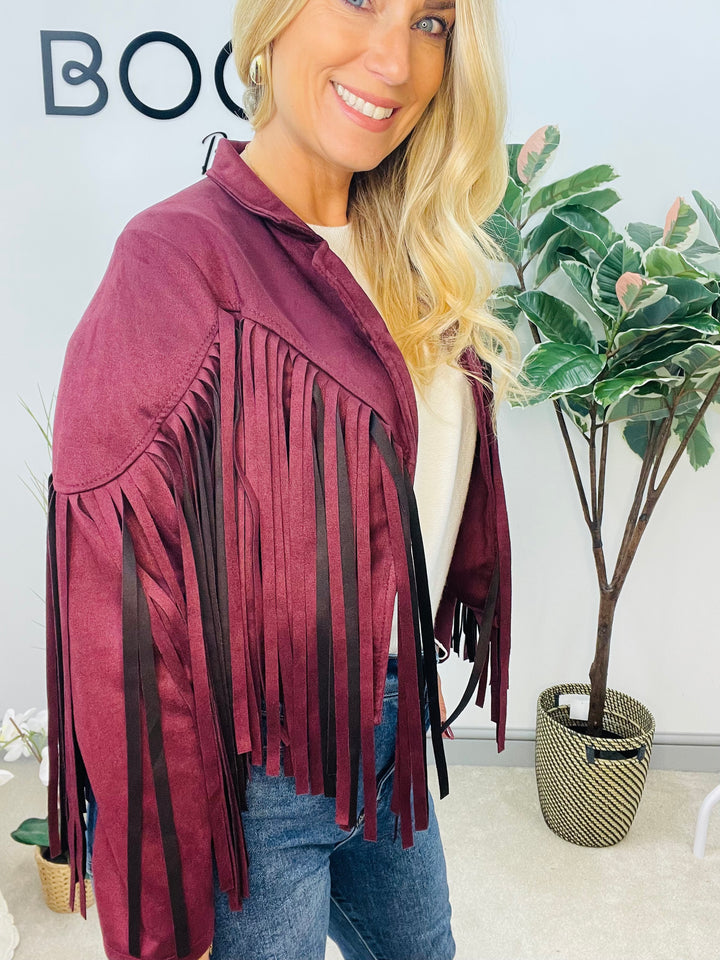 LADIES FAUX SUEDE FRINGED COWBOY BOLERO JACKET - WINE, BLACK, BEIGE & BROWN