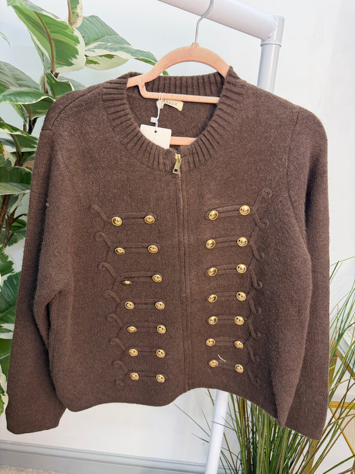 The TERI military knitted zip up cardigan - black and brown