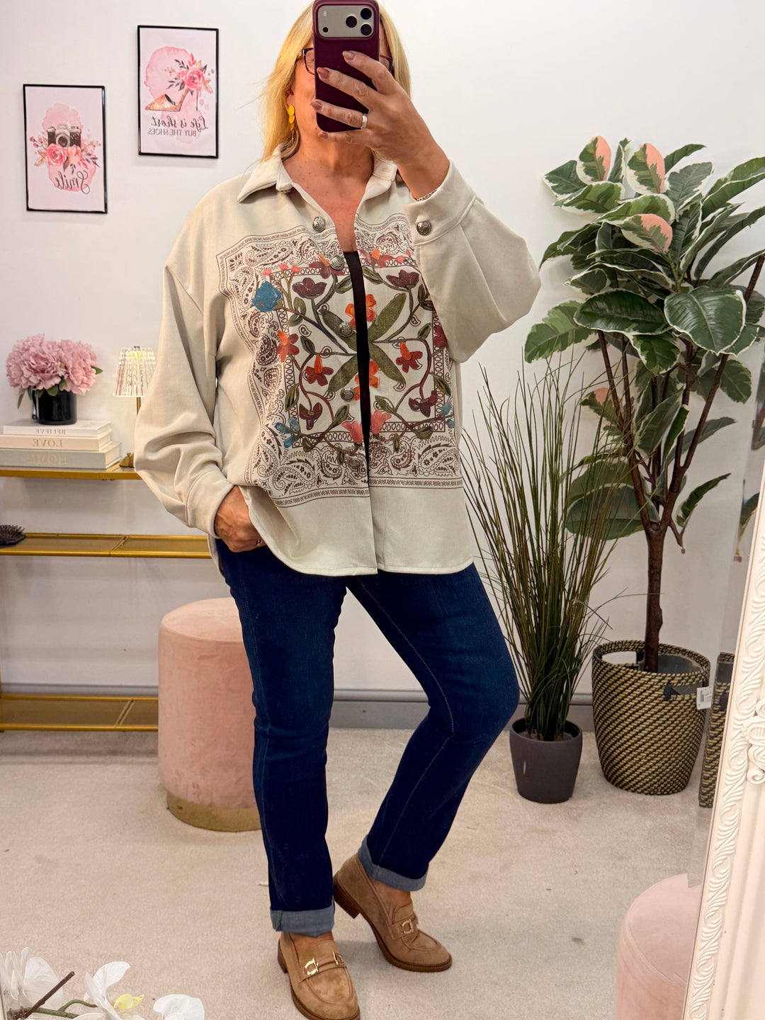 Ladies Fashion Faux Suede Shacket Jacket - Beige & Mocha