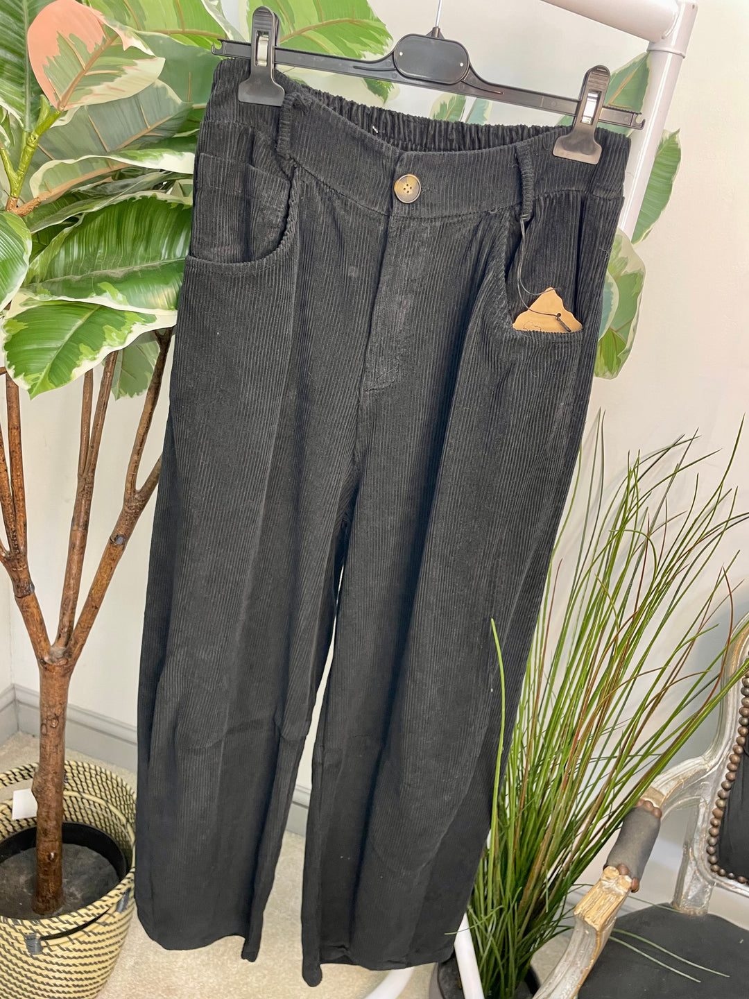 LADIES BLACK BAGGY CORDUROY FASHION TROUSERS