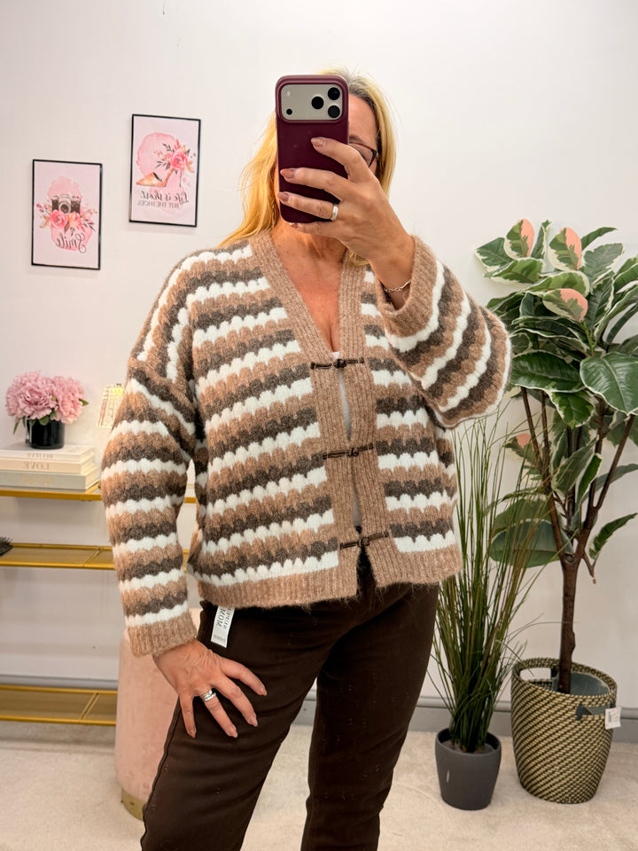 Ladies Fashion Knitted Stripe Cardigan - Beige & Mocha