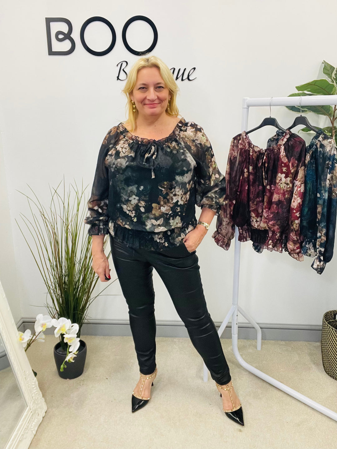 LADIES CHIFFON BARDOT GOING OUT TOP - BURGUNDY, NAVY, BLACK