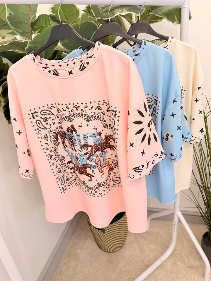 Ladies Fashion Cowboy Short Sleeve Top - Pink, White, Blue