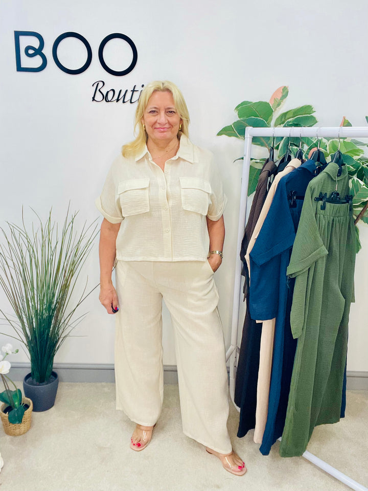 LADIES WIDE LEG TROUSER, CARGO TOP CO ORD SET - KHAKI, BLACK, BROWN, NAVY, CREAM, BEIGE