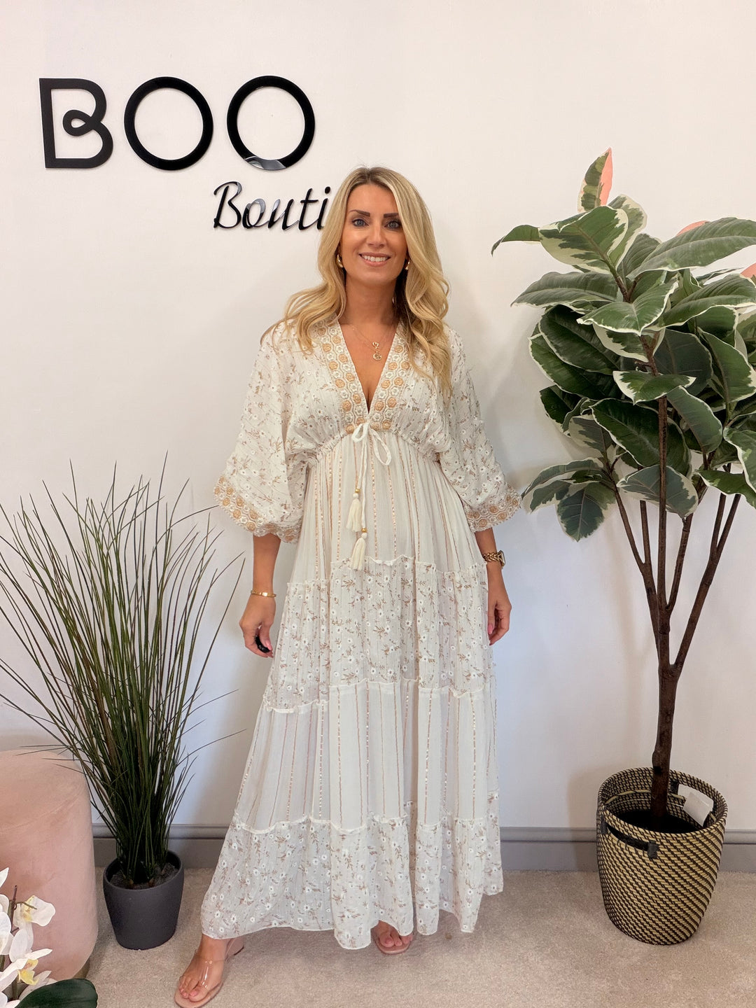 Ladies Fashion Boho Summer Maxi Dress - Pink, Cream, Mint & Blue