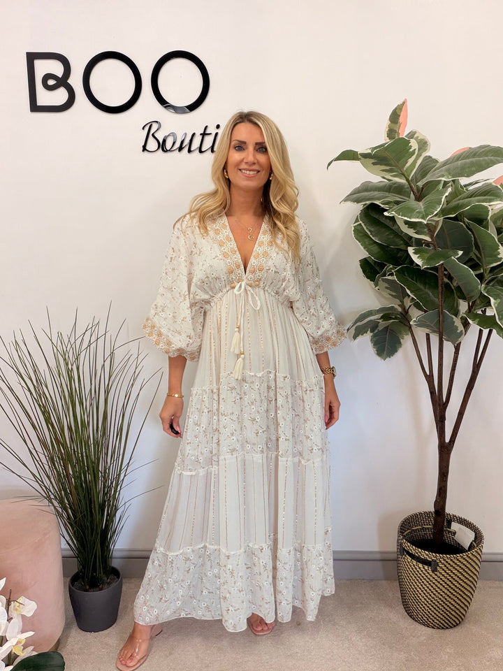 Ladies Fashion Boho Summer Maxi Dress - Pink, Cream, Mint & Blue