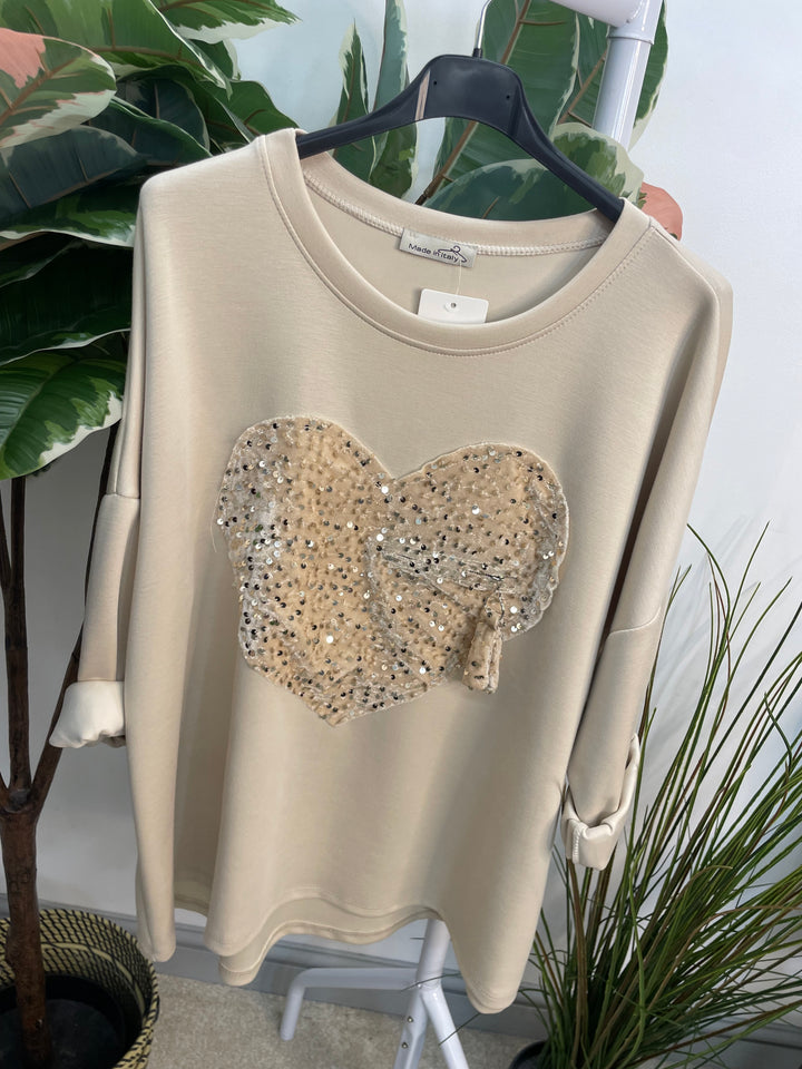 LADIES SCUBA SEQUIN HEART SWEATSHIRT TOP - BURGUNDY, BLACK, BROWN, BEIGE