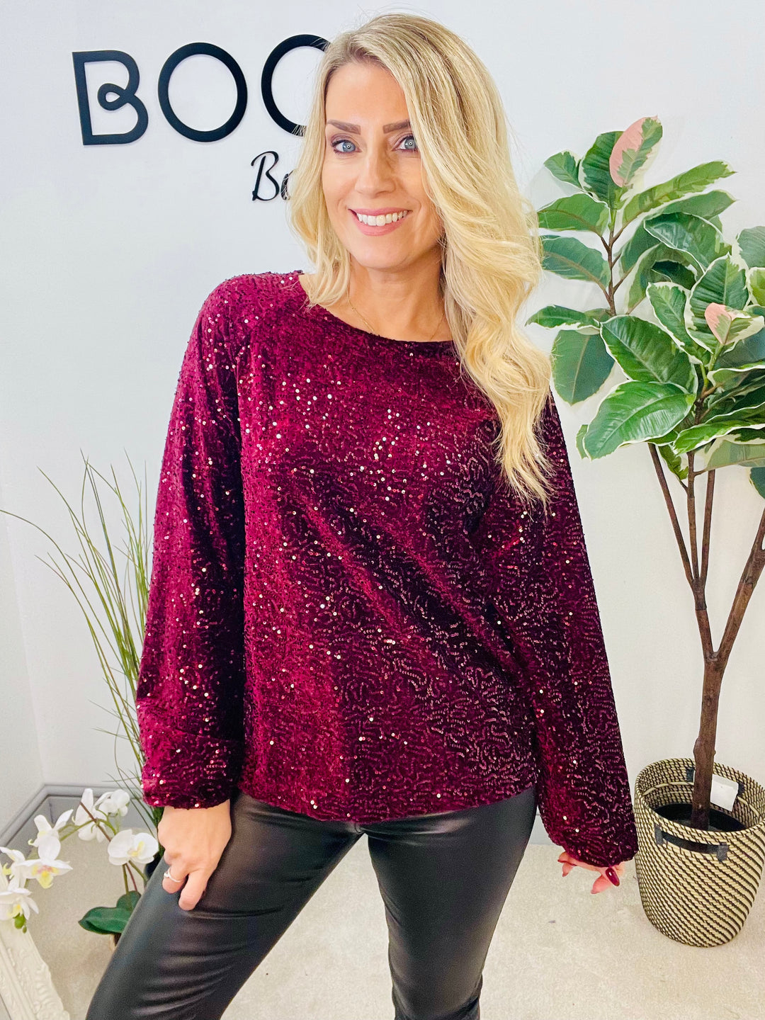 LADIES SEQUIN BOW BACK PARTY TOP - BROWN, BLACK, NAVY, BERRY & SILVER