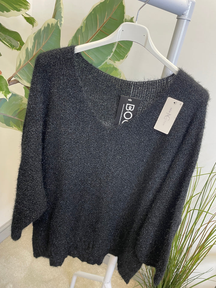 LADIES FLUFFY KNIT V NECK JUMPER - BROWN, BERRY, BLACK & NAVY