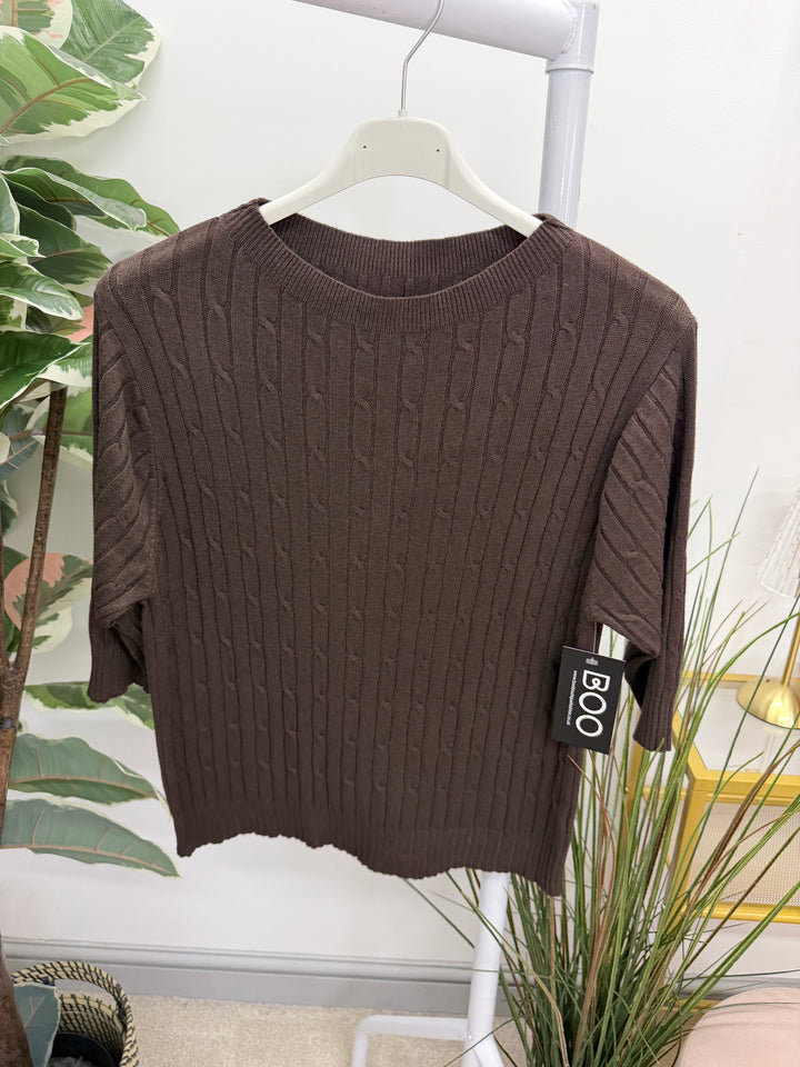 Ladies Inspired Cable Knit Short Sleeve Jumper - Blue, White, Wine, Camel, Brown