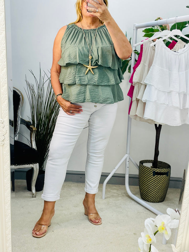 LADIES COTTON FRILL SUMMER TOP BLOUSE - WHITE, KHAKI, PINK & BEIGE