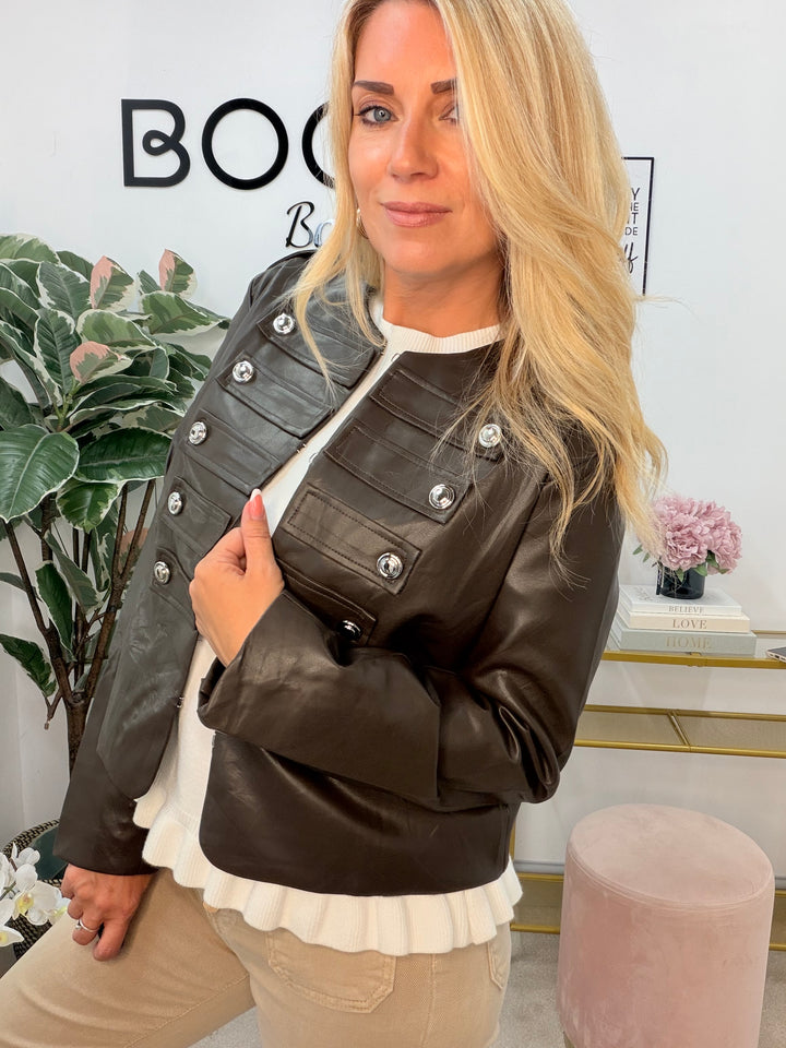 Ladies Fashion Faux Leather Military Jacket - Black & Brown