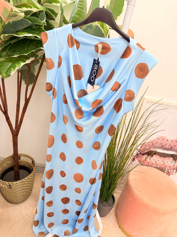 Ladies Satin Polka Dot Sheath Dress - Lemon, Black, Pink, Khaki, Navy, Black & Blue