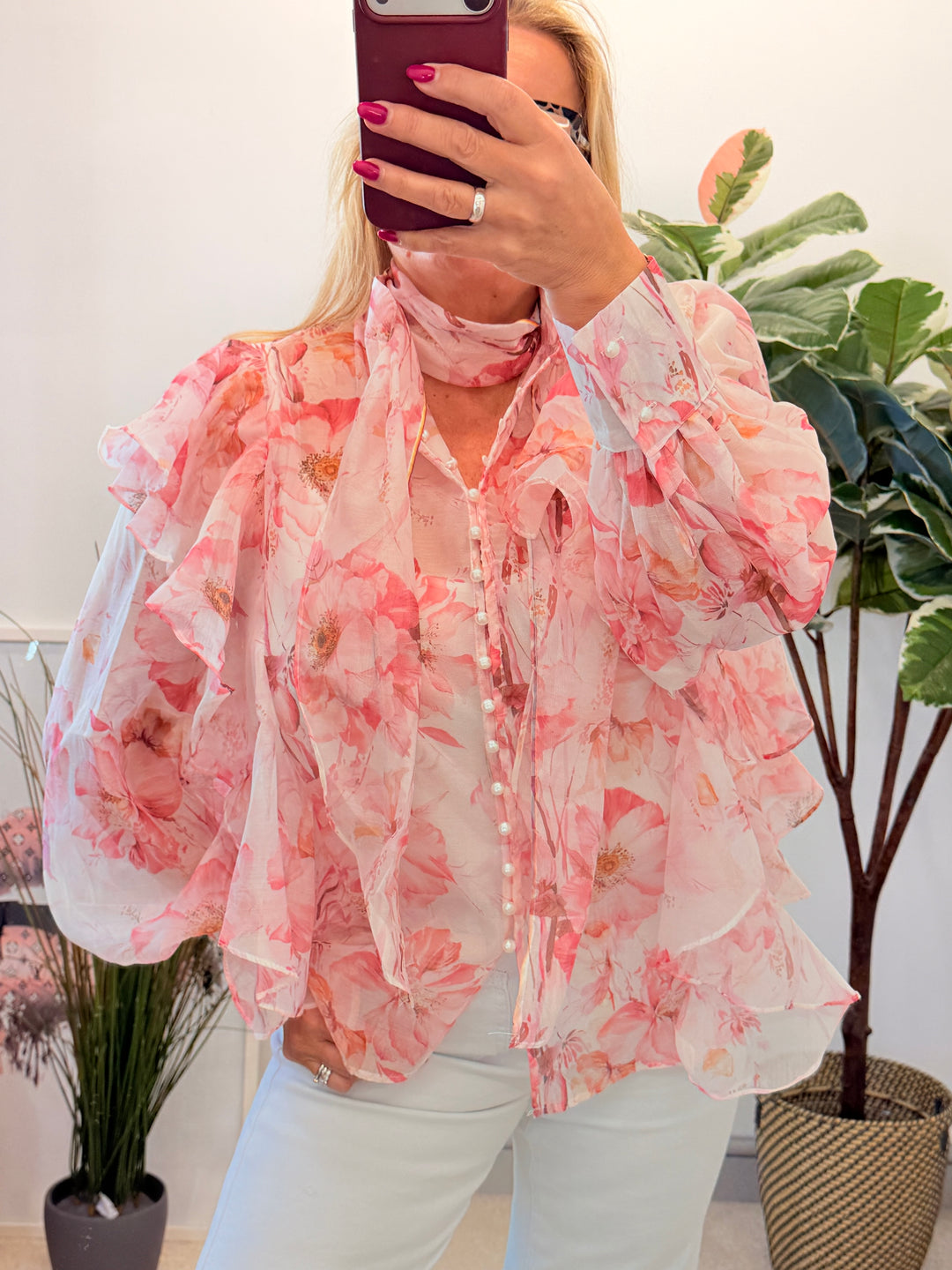Ladies Sheer Pink Frill Blouse Top