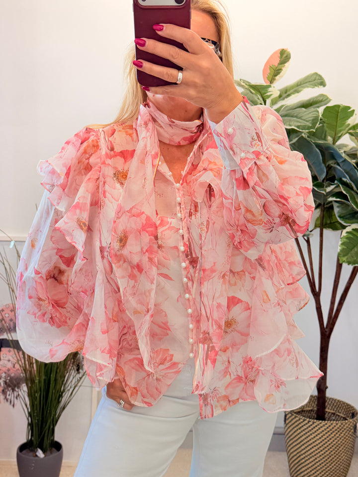Ladies Sheer Pink Frill Blouse Top