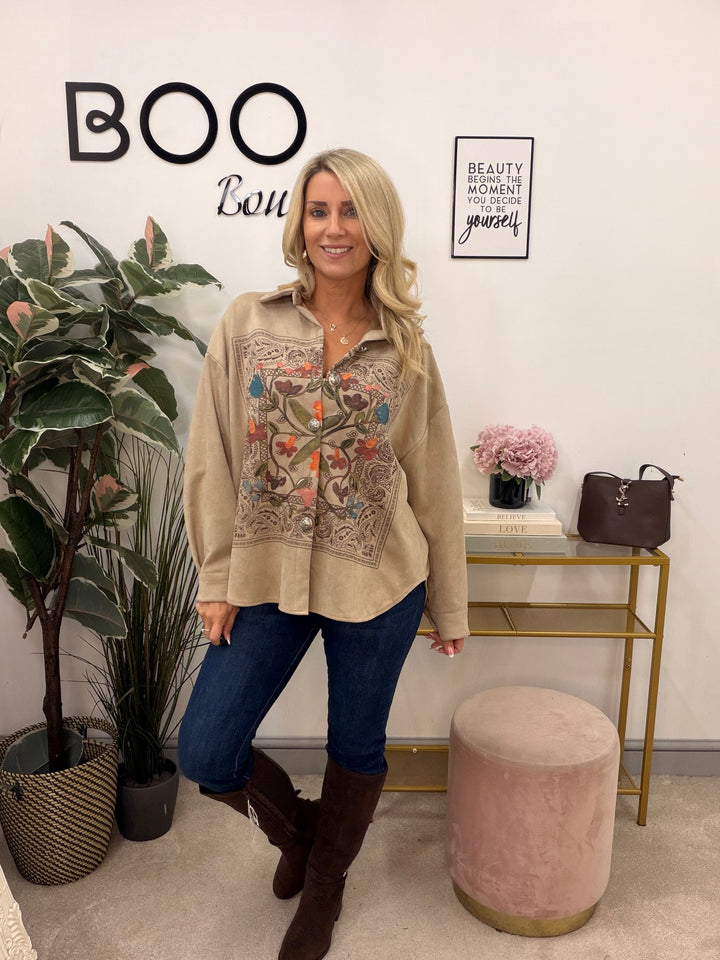 Ladies Fashion Faux Suede Shacket Jacket - Beige & Mocha