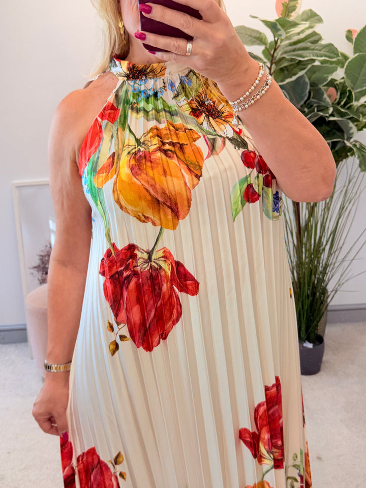 Ladies Satin Pleated Flower Print Summer Maxi Dress - Black, Cream & Blue