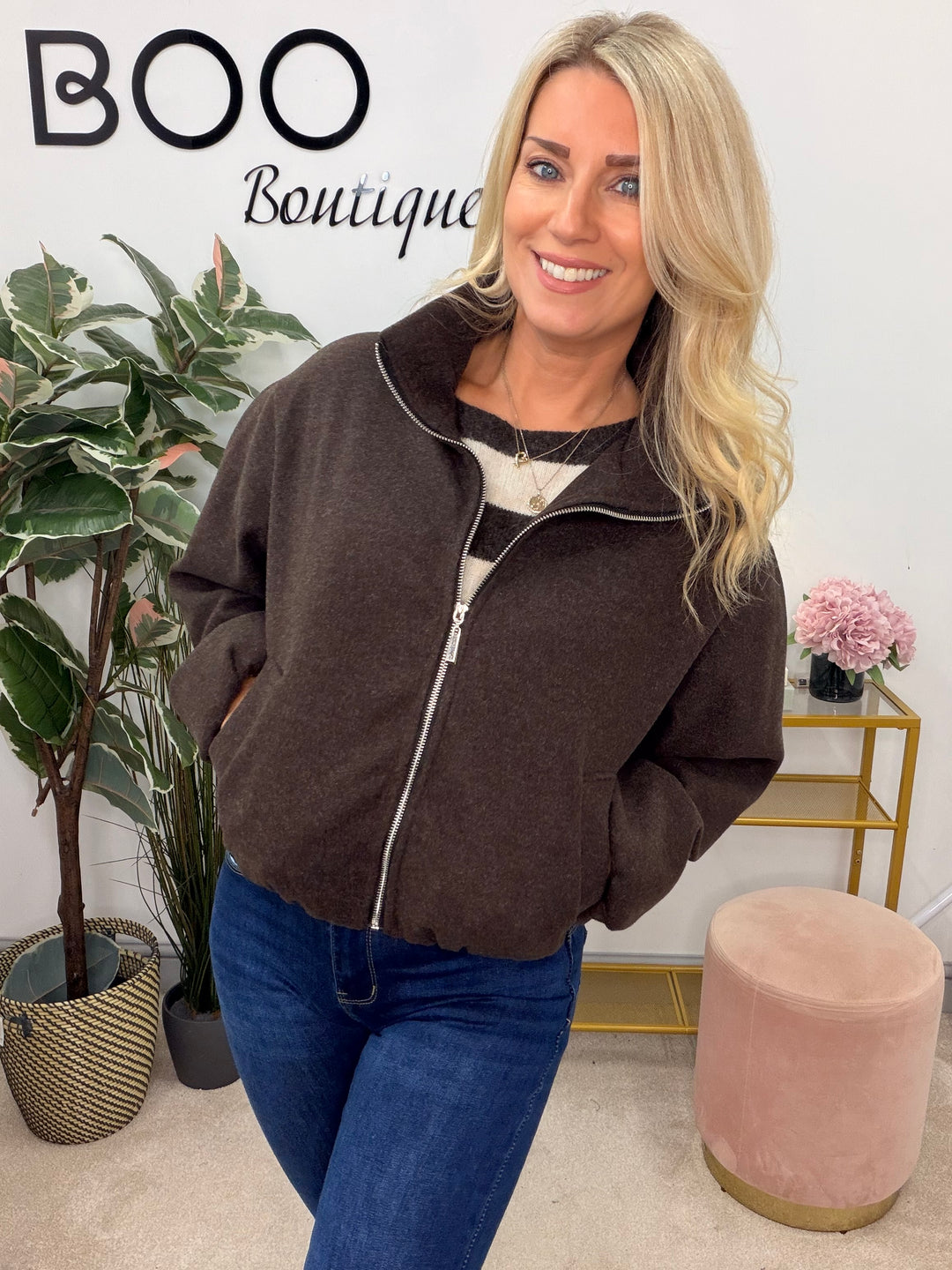 Ladies Fashion Felt Bomber Jacket - Mocha & Brown