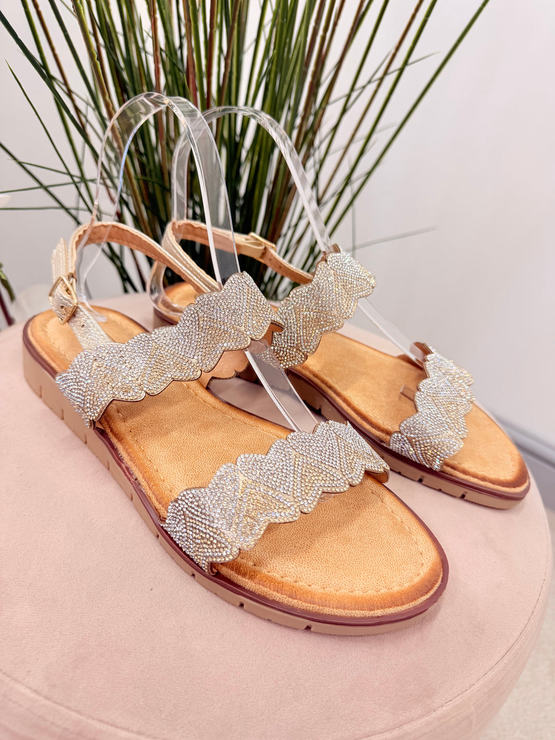 Ladies Diamante Two Strap Flatform Sandals - gold and silver