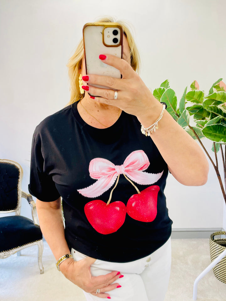 LADIES BLACK CHERRY LOGO DIAMANTE T TEE SHIRT