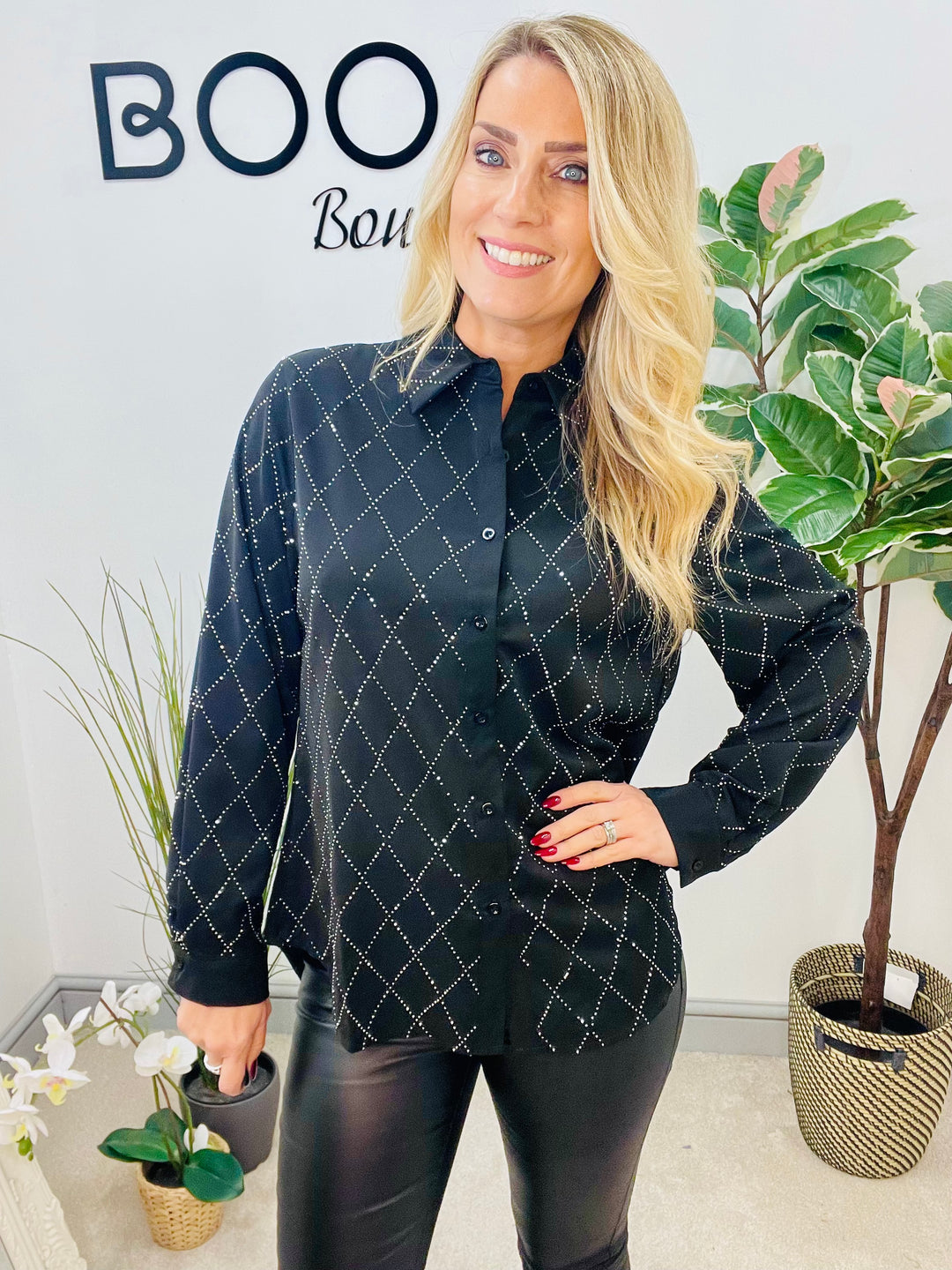 LADIES BLACK SPARKLY STUD SHIRT BLOUSE