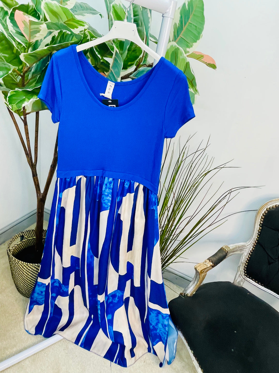 LADIES ABSTRACT PRINT T SHIRT DRESS - BLUE, NAVY, DENIM, RED & BROWN