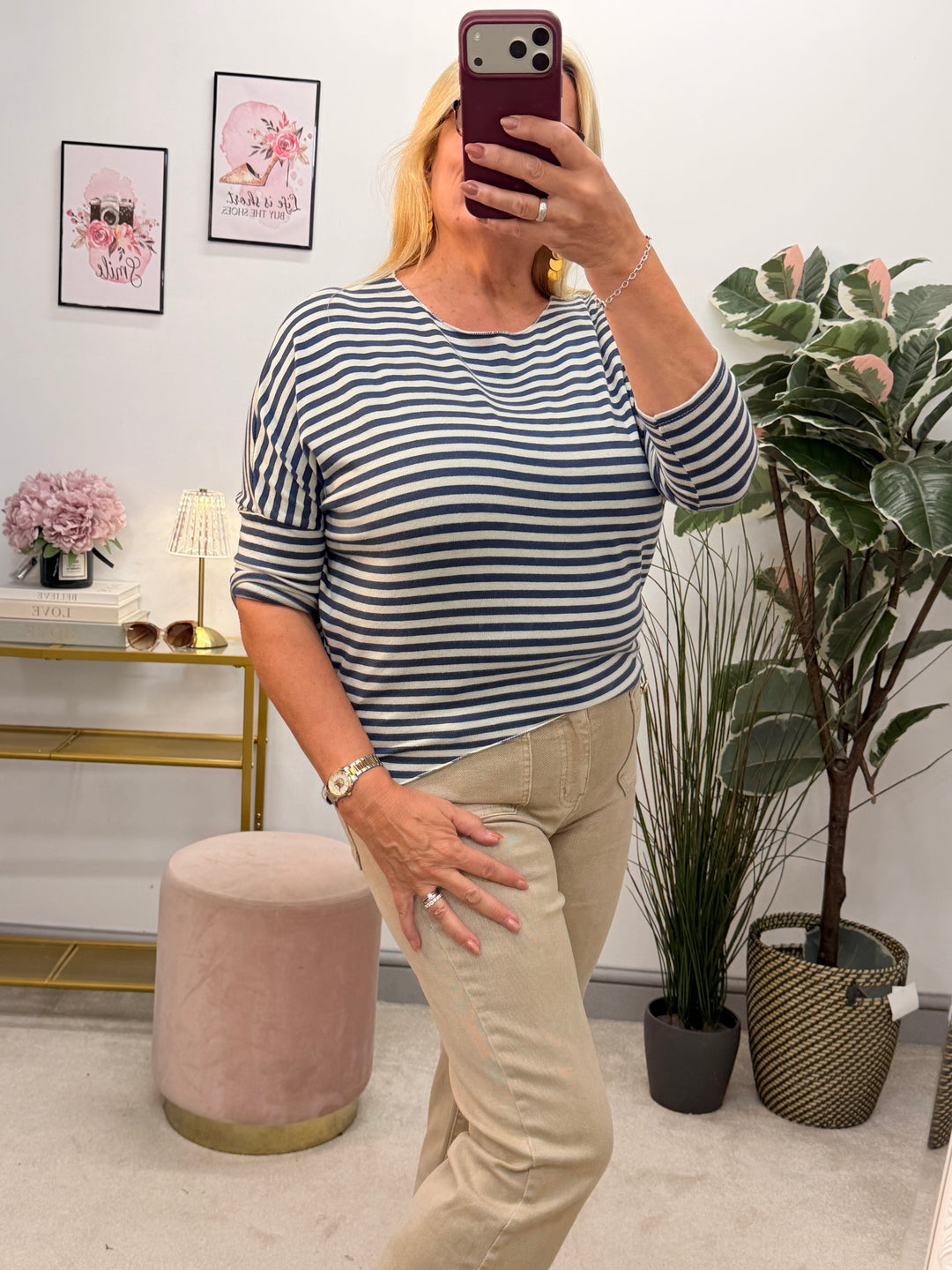 Ladies Fashion Soft Knit Stripe Top - Chocolate, Lime, Blue & Burgundy